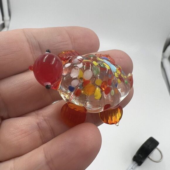 MINIATURE Art GLASS Red Turtle FIGURINE Multicolor Tiny Collectible Trinket - Picture 2 of 7